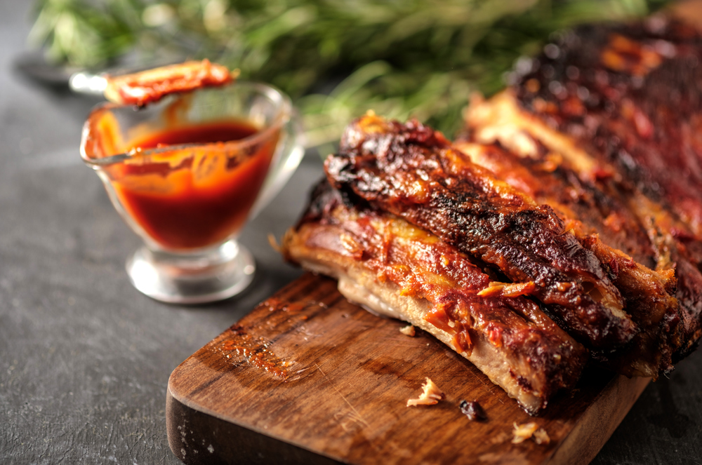 Pork spare ribs with homemade BBQ sauce to eat during the Super Bowl