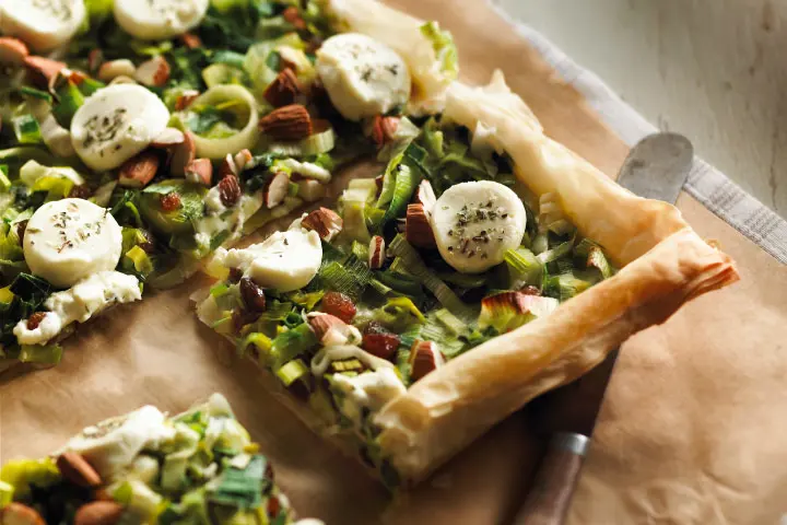 Leek pie with ginger and cheese made on phyllo dough