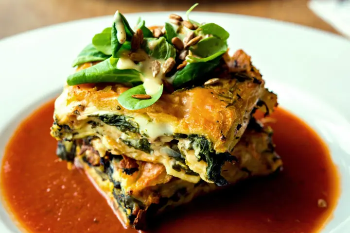 Vegetarian lasagna with tempeh and tomato sauce