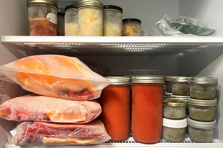 Freezer filled with frozen fruits and vegetables, sorted by variety in Mason jars and freezer bags