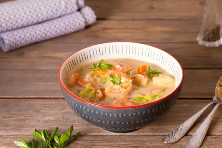 Recipe for leek velouté with Matane shrimp, also known as northern shrimp